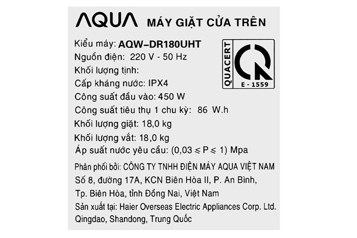 Máy giặt Aqua Lồng đứng Inverter 18 kg AQW-DR180UHT PS